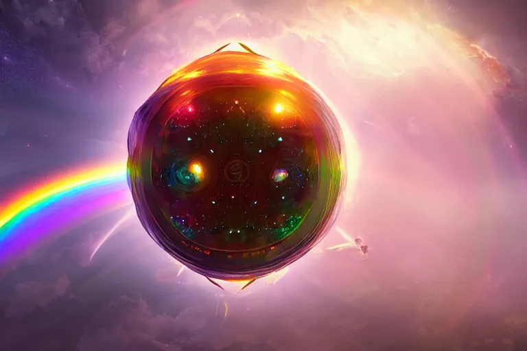 Prompt: a god dissolving into a new universe and then folding itself into a sphere which becomes a rainbow beacon signalling the arrival of a new goddess, in the style of wlop, illustration, epic, fantasy, hyper detailed, smooth, unreal engine, sharp focus, ray tracing