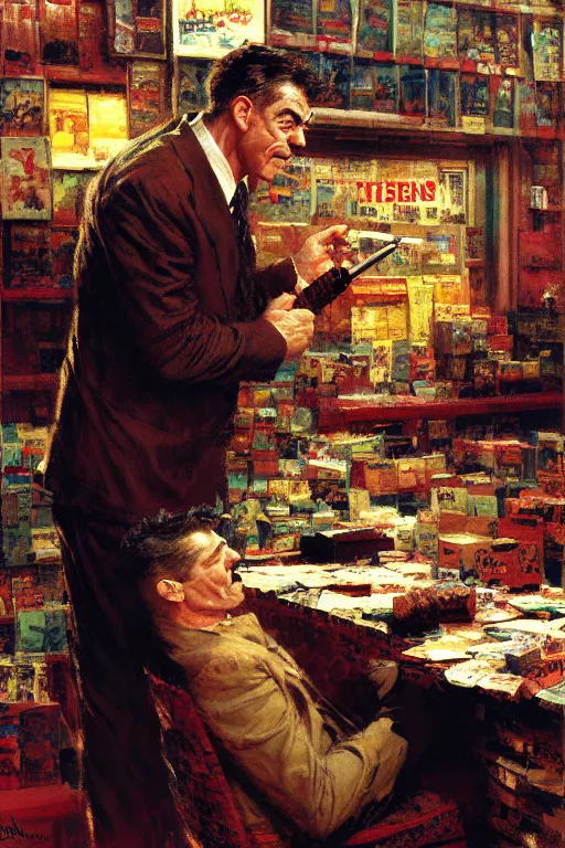 Prompt: j jonah jameson picking out cigars painting by gaston bussiere, craig mullins