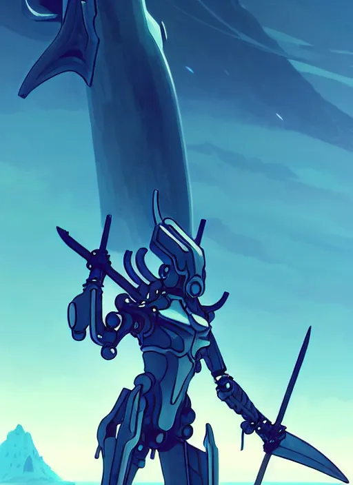 Image similar to close up of a mech armor witch holding a trident, extremely beautiful and aesthetic and detailed cute face and body, back shark fin, big wave horizon, specular reflection, occlusion shadow, dynamic pose, slightly smiling, blue sky, big blade whale and black giants minotaurus, fantasy illustrations, by makoto shinkai and peter mohrbacher and ferdinand knab