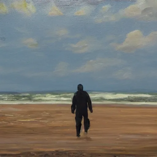 Image similar to a man in a hazmat walking on an abandoned beach, oil painting