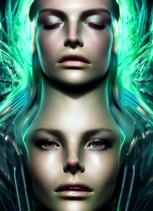 Image similar to beauteous sumptuous face by h. r. giger, cinematic forest lighting, with incredible iridescent pearlescent voluminous fluorescent neon laser beam hair, delicate crystalline masterpiece tattoos, hyperdetailed face, elegant pose, movie still, intricate, octane render, unreal engine, crepuscular rays, god rays