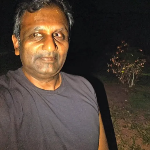Image similar to my indian dad taking a selfie in the dark and squinting his eyes because the camera flash is too bright