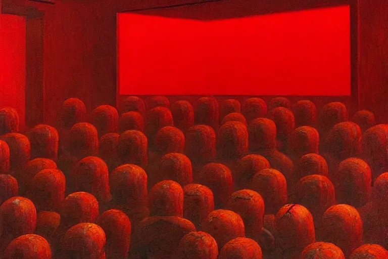 Image similar to only with red, crowd screaming, an exposed painting in a roman theater, in the style of beksinski, parts by edward hopper, parts by rodcenko, parts by yue minjun, intricate and epic composition, red by caravaggio, insanely quality, highly detailed, masterpiece, red light, artstation, 4 k