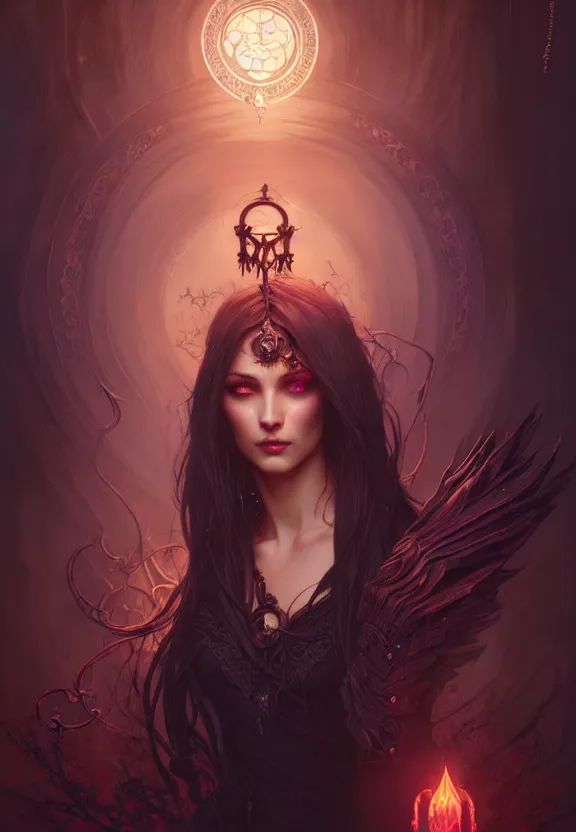 Image similar to Necromancer Sorceress in center, fantasy magic, undercut hairstyle, dark light night, intricate, elegant, sharp focus, illustration, highly detailed, digital painting, concept art, matte, art by WLOP and Artgerm and Greg Rutkowski and Alphonse Mucha, masterpiece