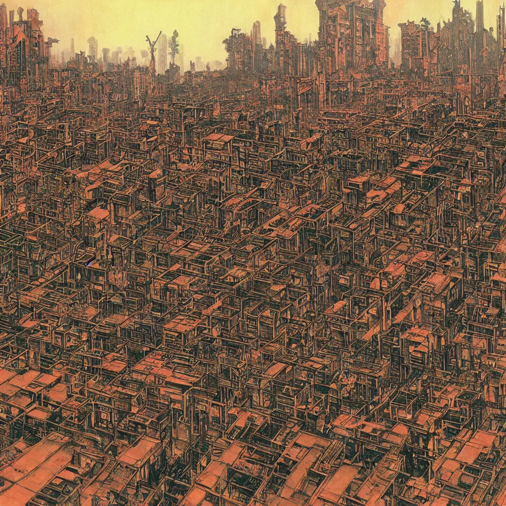 Image similar to gothic kowloon walled city by syd mead