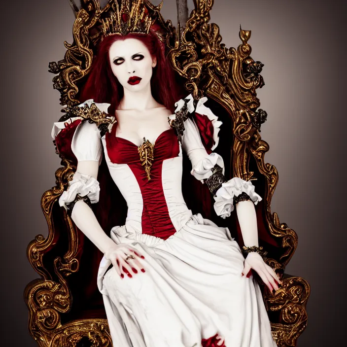 Prompt: photograph of a real-life beautiful vampire queen with ornate dress sitting on a throne. Extremely detailed. 8k