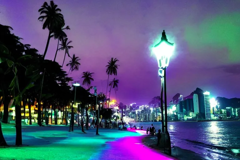 Image similar to cyberpunk rio de janeiro ipanema pao de acucar at night streetlights glowing purple beach painted by monet