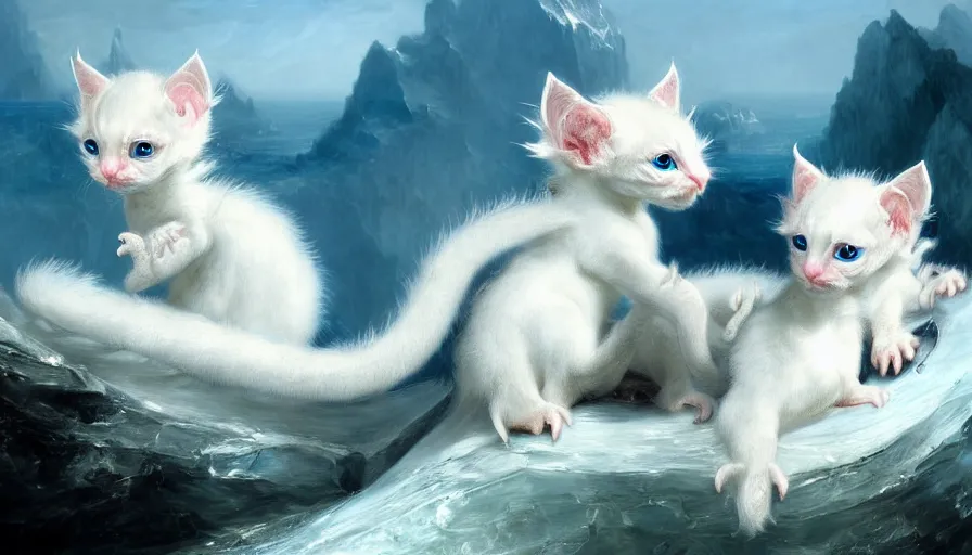 Prompt: highly detailed painting of white cute baby furry scaled oriental dragon kittens on a blue and white iceberg by william turner, by greg rutkowski, by william constable, thick brush strokes and visible paint layers, 4 k resolution