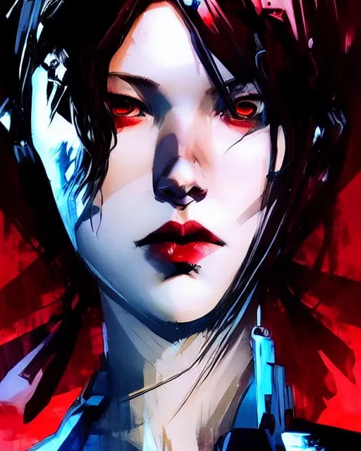 Image similar to style of yoji shinkawa, marc simonetti : : gorgeous mary elizabeth winstead : : evil sorceress, swirling black magic, black dress : : symmetrical face, symmetrical eyes : : full body pose : : gorgeous red hair : : cinematic lighting : :