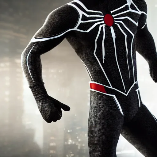 Image similar to black spider - man suit with white web lining, cinematic, volumetric lighting, realistic, hyperdetailed, photorealistic, photograph