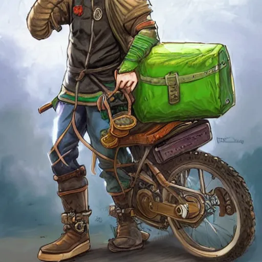 Image similar to a bearded and long haired bicycle food delivery worker with a green bag on his back in ireland, he has boots, hearthstone art style, epic fantasy style art by kim jung gi, fantasy epic digital art