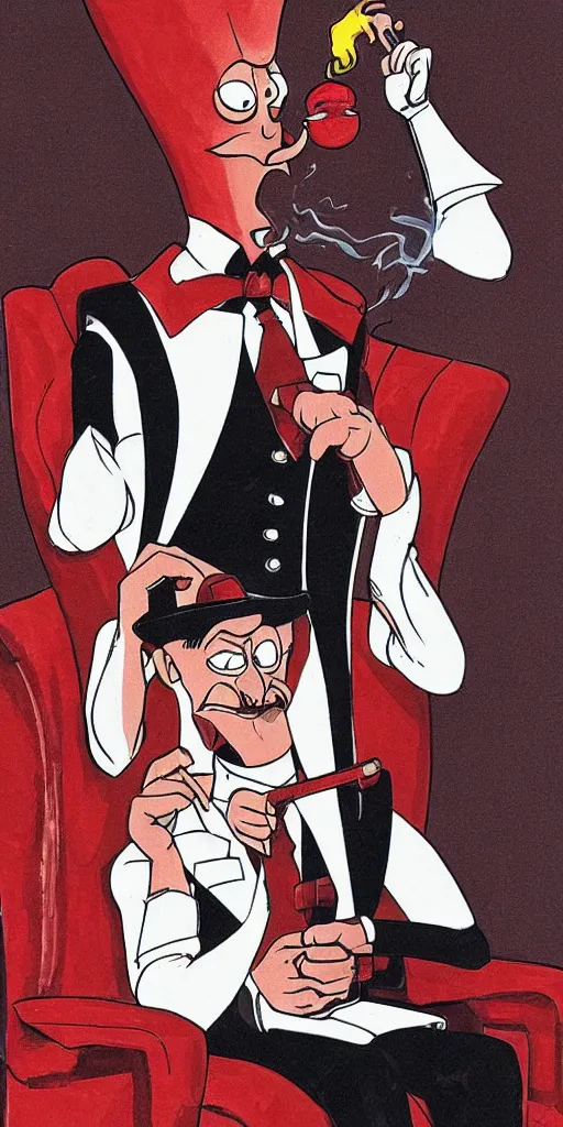 Image similar to a portrait of Earthworm Jim as an austere billionaire sitting in a red leather chair smoking his pipe and looking stately with his monocle