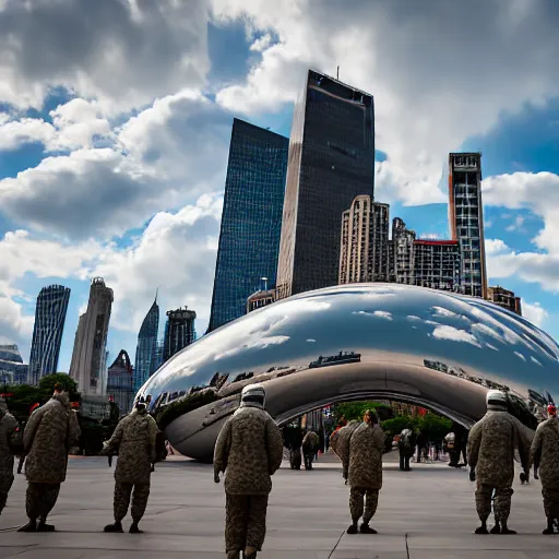 Prompt: chinese soldiers in hazmat suits with grey skies carrying machine guns, cloud gate chicago