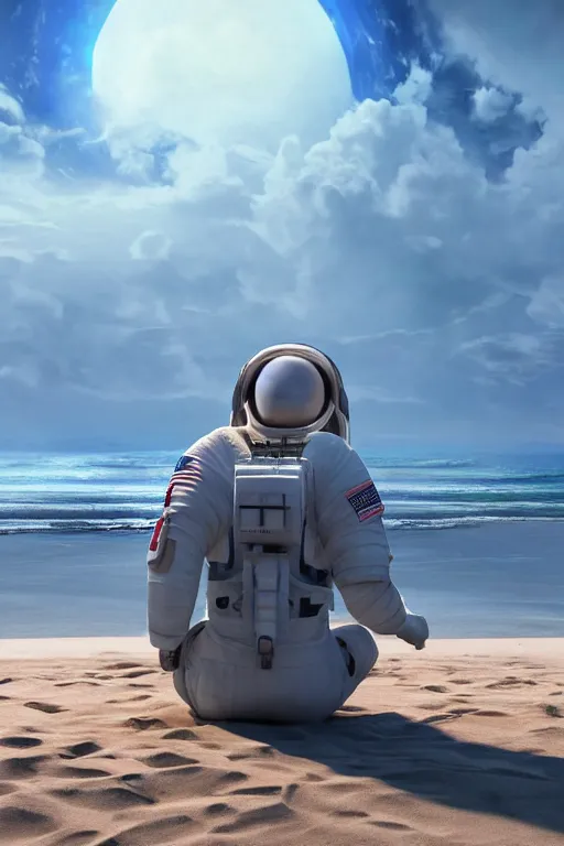 Image similar to a astronaut sitting on the beach looking to the sea at sunrise, concept art, octane render, unreal engine 5, trending on Artstation, high quality, highly detailed, 8K, soft lighting, godrays, path tracing, serene landscape, turbulent sea, high coherence, anatomically correct, hyperrealistic, sand, beautiful landscape, cinematic, clouds in the sky