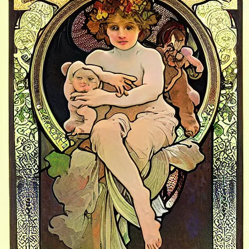 Image similar to cherub with four faces in one, byalphonse mucha