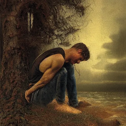 Prompt: pantone, ray tracing by joseph farquharson melancholic, extemporaneous. a body art of a man caught in a storm, buffeted by wind & rain. he clings to a tree for support, but the tree is bent by the force of the storm. he is soaking wet. his face is contorted with fear & effort.