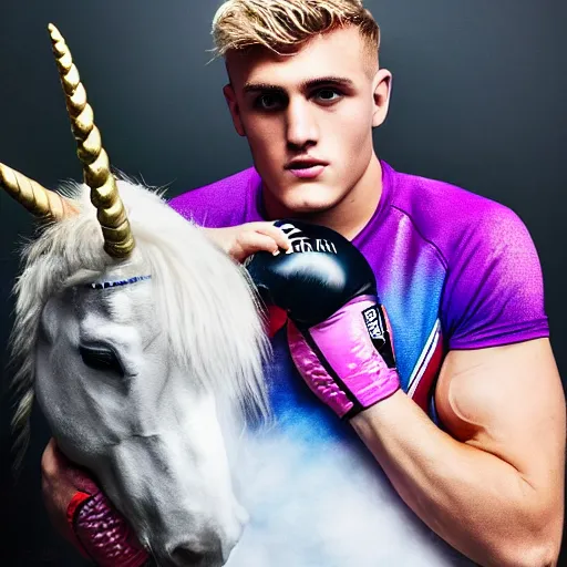 Image similar to a photo of jake paul boxing a unicorn, award winning sports photo, ultra detailed,