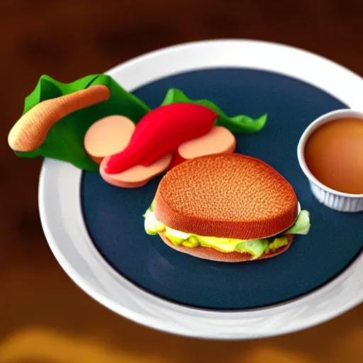 Image similar to floating chicken sandwich on a plate, photo realistic, explosion and flying pigs in the background, amazing detail