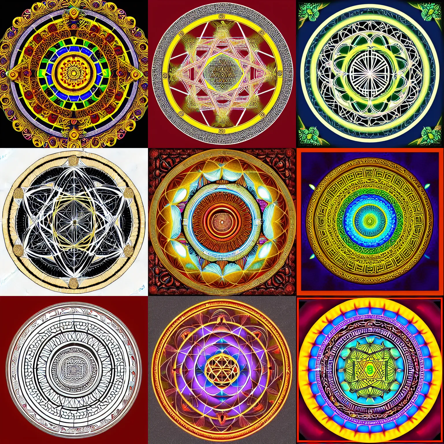 Prompt: Sacred geometry of the Vedic mandala, this mandala uses the Golden ratio in the outer shape and the Fibonacci spiral in the inner shape.