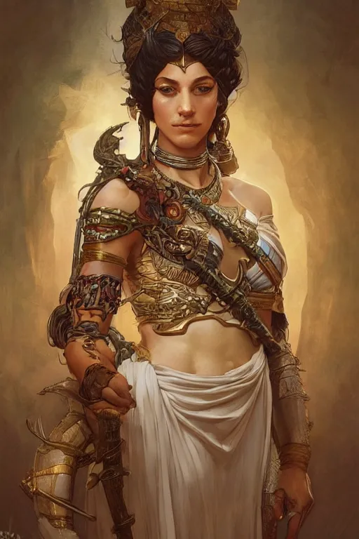 Image similar to a portrait of a anthropomorphic an ancient mesopotamia warrior goddess, D&D, fantasy, intricate, highly detailed, digital painting, artstation, concept art, smooth, sharp focus, illustration, art by caravaggio and artgerm and greg rutkowski and alphonse mucha