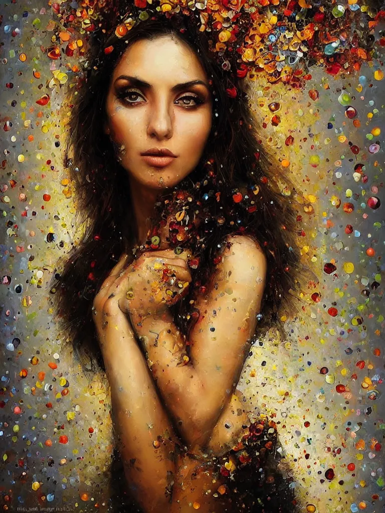 Image similar to “gorgeous elegant splatterpunk portrait of a stunning Armenian woman by Mark Arian, oil on canvas, masterpiece, realism, piercing gaze, autumn bokeh”