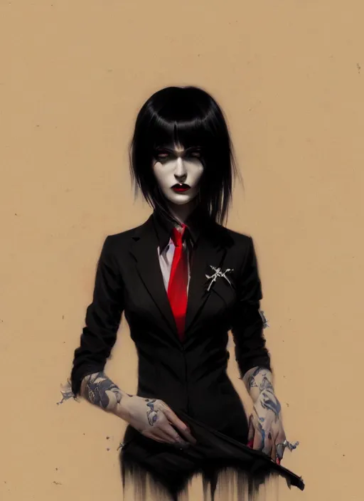 Prompt: ultradetailed beautiful panting of a stylish goth woman wearing a shirt with a tie, she has black hair, distressed, by ilya kuvshinov, greg rutkowski, ashley wood, on artstation