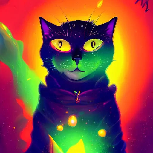 Prompt: Alchemist cat, colorful sparkling chemicals, illustration, trending on artstation, dramatic lighting,