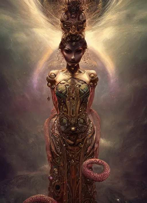 Image similar to epic portrait of menacing and anxious yet stunningly beautiful biomechanical djinn overseeing the iridescent fabric of the universe, by charlie bowater, mandy jurgens, gustav klimt, octane render, dramatic camera angle, 4k, 8k, high detail, HDR, by tom bagshaw, powerful, with inspiration from Beksinski, inspired by greek goddess Athena