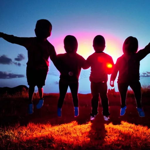 Prompt: a wide angle photo of three small orange glowing people rising into the sky, far away, inspiring, beautiful, brightly colored, paranormal