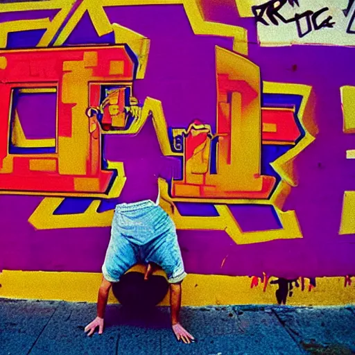 Image similar to 1990s candid photography of ugly dork wearing a fez hat breakdancing in public, cinematic, film grain, ultraviolet graffiti on walls