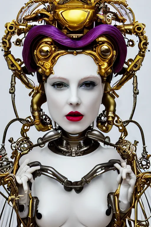 Prompt: full-body porcelain rococo futuristic style sculpture of a young beautiful goddess as a half-robot wearing retro shades, red lips, mechanical eyes, leaking glowing neon radioactive liquid, electric sparks, glowing violet laser beam eyes, crown of giant diamonds, gold chain steampunk necklace, flowing purple satin, luminescent fabrics, mechanical roses. baroque and steampunk elements. full-length view. baroque element. intricate artwork by caravaggio. Trending on artstation, octane render, cinematic lighting from the right, hyper realism, octane render, 8k, depth of field, 3D