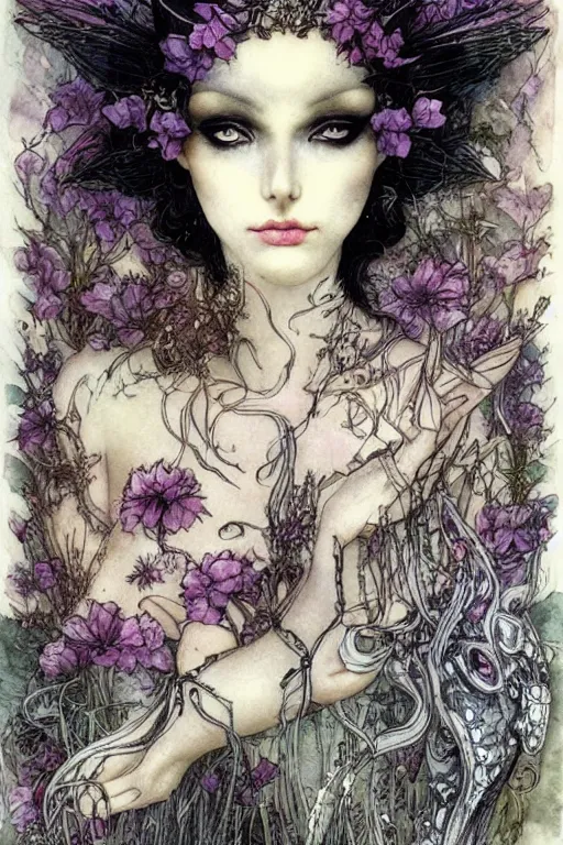 dark fairy queen closeup face surrounded by floral | Stable