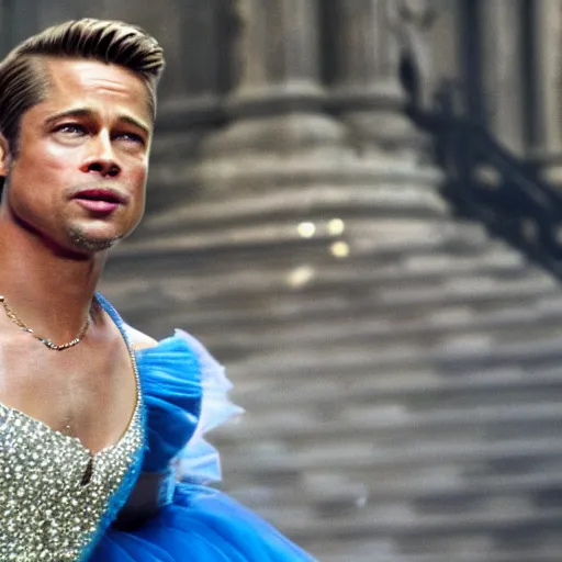 Prompt: dramatic photo of brad pitt as cinderella