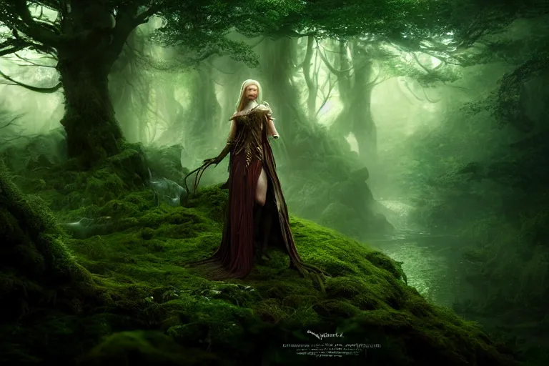 Image similar to a cinematic, fantasy, headshot portrait, of an elden ring elf, fairy lights, background of a vast shrubbery forest, with trees and waterfalls, detailed, deep focus, movie still, dramatic lighting, ray tracing, by michal karcz and yoshitaka amano