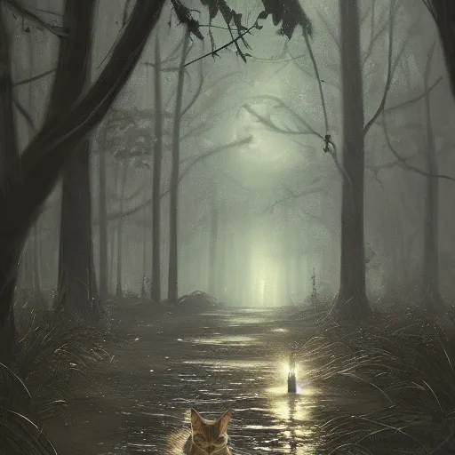 Prompt: tabby cat in a dark moonlit forest, serene, highly detailed, by Greg Rutkowski, trending on artstation, 4k