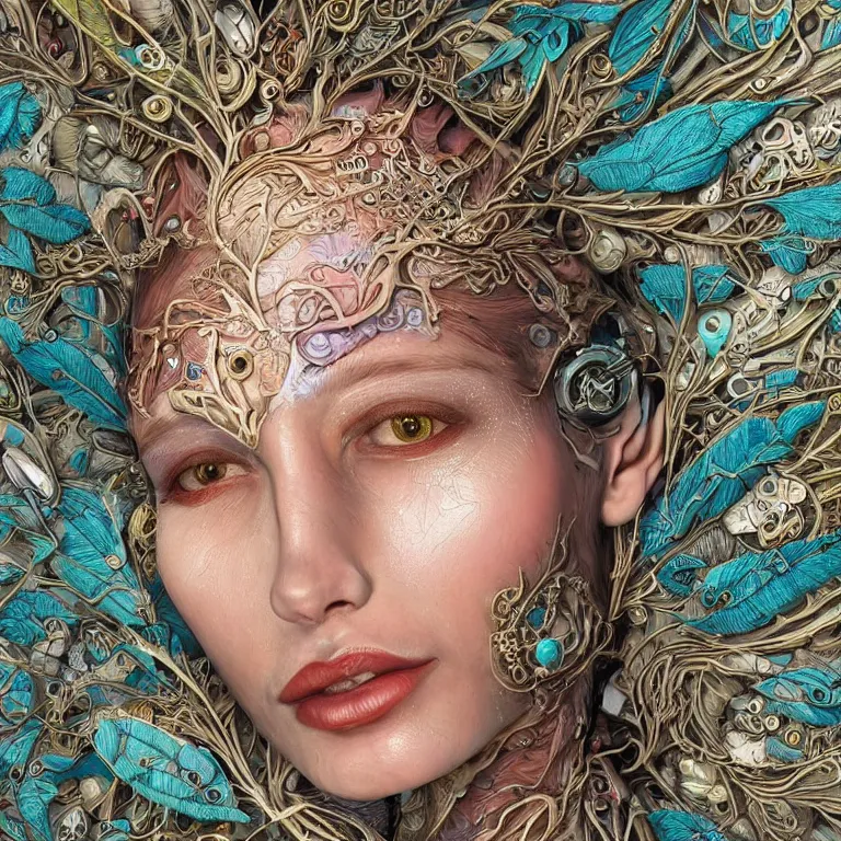 Prompt: cinema 4d colorful render, organic, ultra detailed, of a painted realistic woman's face, with textured skin and white eyes. biomechanical cyborg, analog, macro lens, beautiful natural soft rim light, big leaves, winged insects and stems, roots, fine foliage lace, turquoise gold details, Alexander Mcqueen high fashion haute couture, art nouveau fashion embroidered, intricate details, mesh wire, mandelbrot fractal, anatomical, facial muscles, cable wires, elegant, hyper realistic, in front of dark flower pattern wallpaper, ultra detailed, 8k post-production