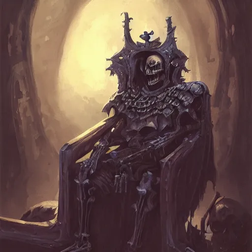 Prompt: Skeleton King, undead knight, resting on his throne, oil painting, by Fernanda Suarez and Greg Rutkowski