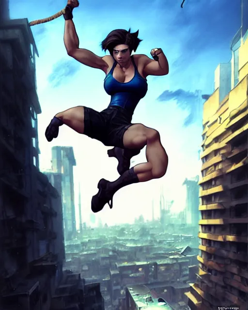 Image similar to gigachad jill valentine bodybuilder jumping from a building fighting with a rope in racoon city, fantasy character portrait, ultra realistic, anime key visual, full body concept art, intricate details, highly detailed by greg rutkowski, ilya kuvshinov, gaston bussiere, craig mullins, simon bisley