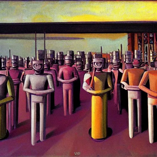 Image similar to robot druids in a grand processional, capital plaza, grant wood, pj crook, edward hopper, oil on canvas