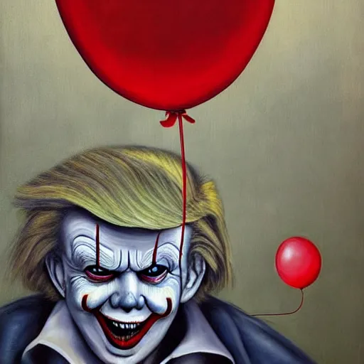 Image similar to grunge painting of donald trump with a wide smile and a red balloon by chris leib, loony toons style, pennywise style, corpse bride style, horror theme, detailed, elegant, intricate