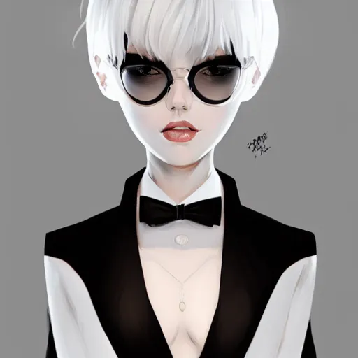 Image similar to slim cruel business girl in tuxedo with black bob hair, elegant, 2d, ultra highly detailed, digital painting, smooth, sharp focus, artstation, art by Ilya Kuvshinov