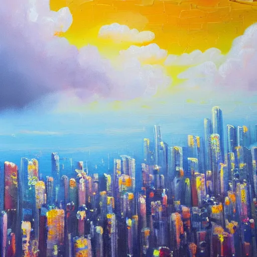 Prompt: detailed acrylic oil painting showing a dreamy city in the clouds