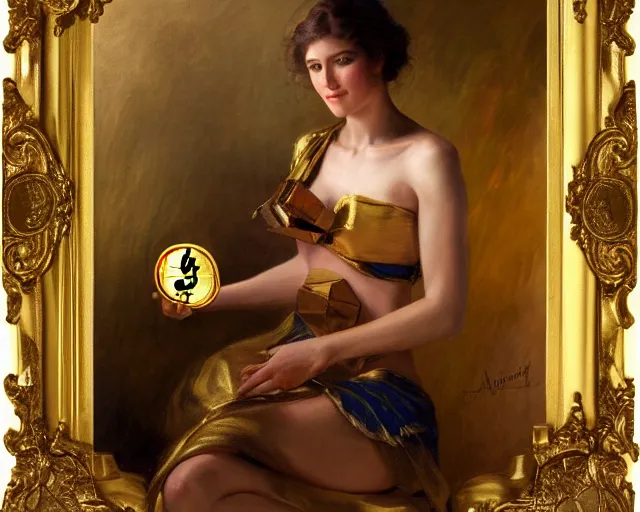 Image similar to attractive woman holding a golden bitcoin, commerial painting by annie liebovitz, gaston bussiere, craig mullins, j. c. leyendecker, 8 k