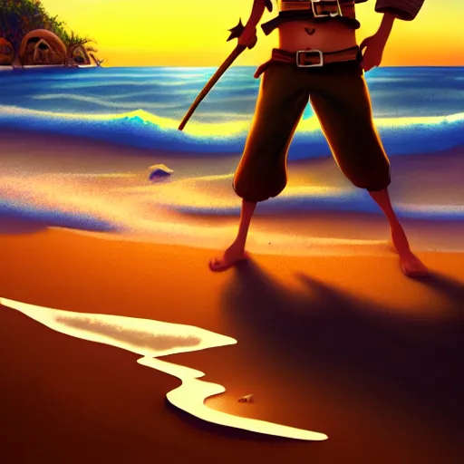 Image similar to pirates finding a buried treasure chest at the beach at sunset, stylized, artstation, hd, cgsociety, cgi, realistic, dramatic, cinematic, artistic, trending, detailed