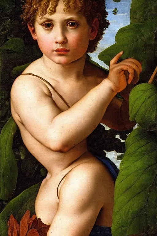 Image similar to renaissance painting of young boy in the garden, closeup, short hair, interest face, emotions closeup, dressed in roman armour, the beautiful garden with birch leaves everywhere, ultra detailed, art by Guido Reni style, Vincenzo Catena style