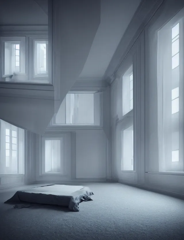 Image similar to dreamlike photo of floating bed above floor in a giant room with bright windows opening to other dimensions by andrzej sykut by lee madgewick, photorealistic, folded geometry, octane render, recursive, high contrast, pretty color, multiverse!!!!!!, labyrinthine, optical illusion, impossible angles