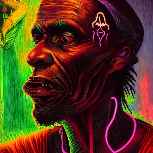 Image similar to a death tarot featuring a haitian voodoo priest with menacing eyes, blacklight neon colors, by anton semenov and android jones in cyberpunk voodoo style, oil on canvas, 8k