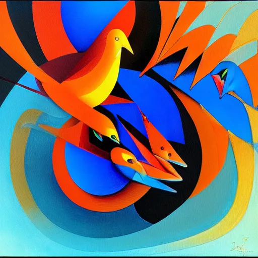 Image similar to a painting of a group of blue and orange birds, an airbrush painting by jarosław jasnikowski, cgsociety, generative art, angular, cubism, biomorphic