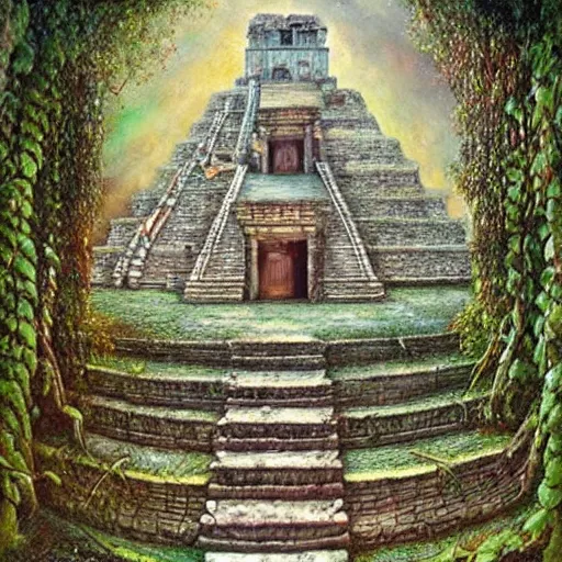 Image similar to ancient maya temple, art by daniel merriam, high details, complex decorations, beautiful view, mystical, very old, vines, hidden place, mysterious, enigmatic