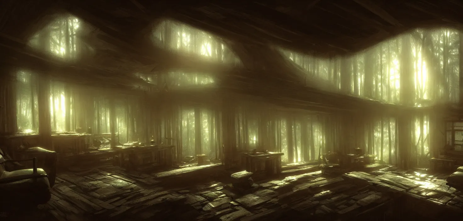 Image similar to concept art of an inside of a cabin in the woods, detailed, volumetric lighting, style of greg rutkowski